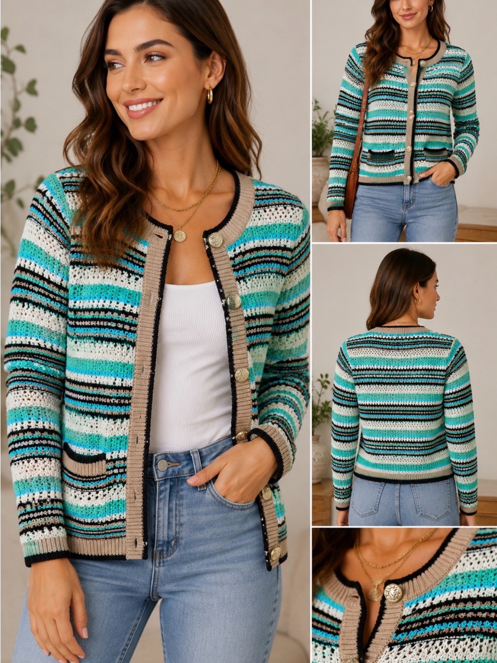 Marled Crochet Stripe Cardigan Sweater NWT XS Boho Coastal Knit
